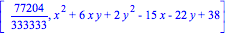 [77204/333333, x^2+6*x*y+2*y^2-15*x-22*y+38]